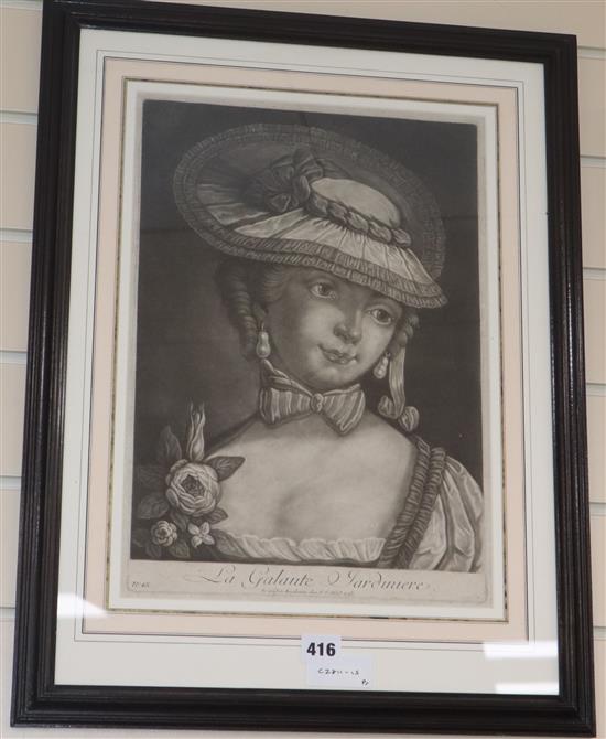 Early 19th century French School, pair of mezzotints, La Liseuse and La Gallante Jardiniere, 42 x 30cm